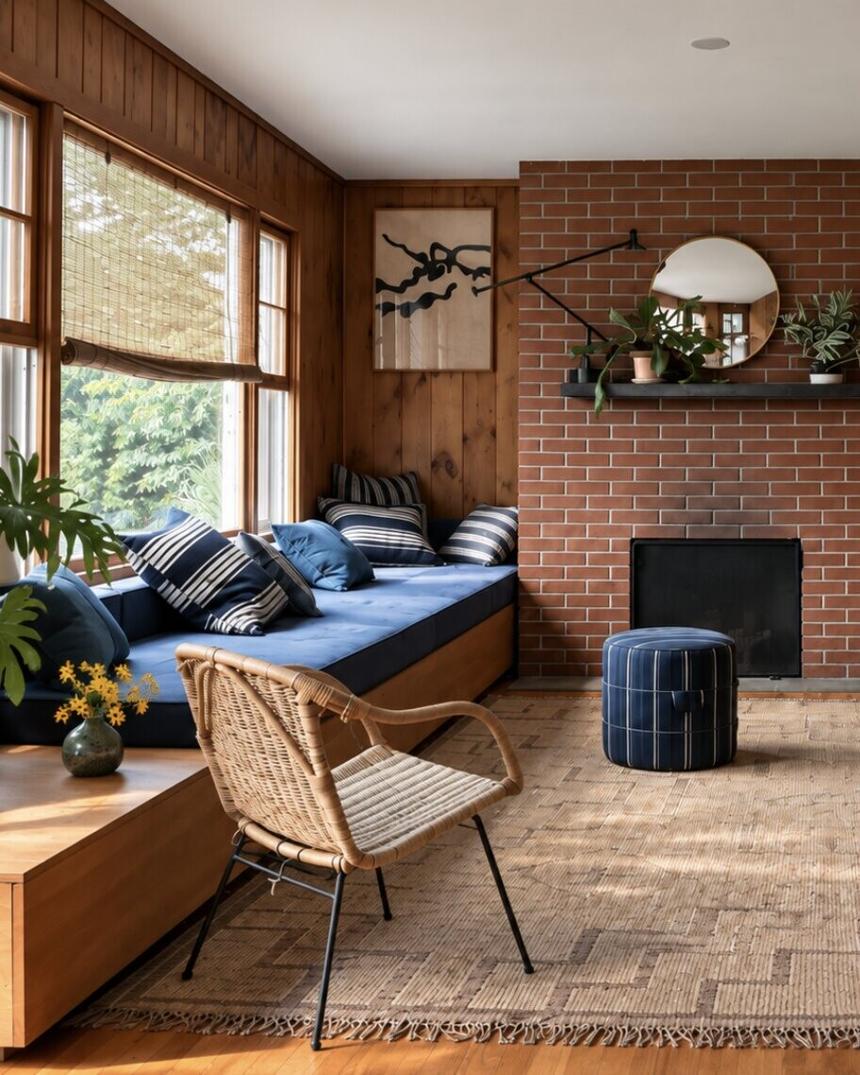 Ranch & Barn — living room with knotty-pine walls, a red-brick fireplace, a navy daybed, a striped ottoman and a rattan chair on a woven rug, in a Western Catskills, New York residence by SMS Interiors